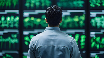 Researcher Analyzing Plant Data in High-Tech Laboratory with Digital Screens Displaying Lush Greenery