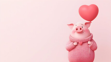 Cute cartoon pig holding pink heart balloon in cozy sweater