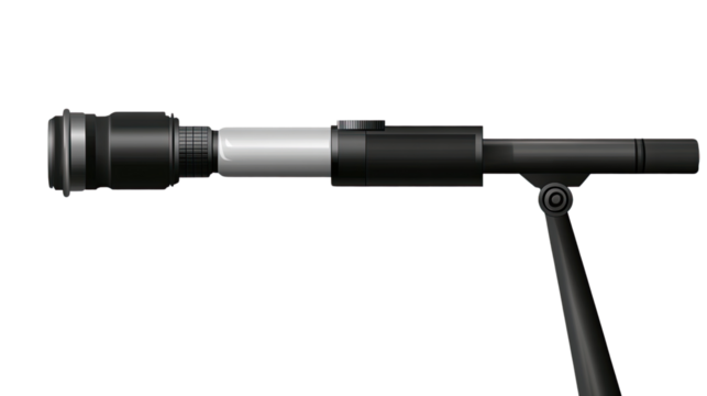 Professional Telescope on Tripod: A sleek, black telescope mounted on a sturdy tripod, meticulously engineered for precision viewing, inviting exploration and discovery.