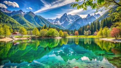 Fototapeta premium Jasna Lake Spring, Kranjska Gora Slovenia: Stunning Alpine Scenery, Breathtaking Views, Picturesque Landscape