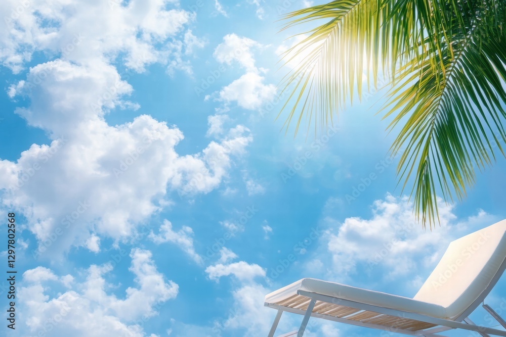 Poster Relaxing under the bright sun with palm trees and fluffy clouds in a clear blue sky. Generative AI