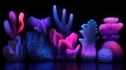 Vivid bioluminescent deep sea coral reef glowing underwater with vibrant fluorescent colors fantasy alien abstract background