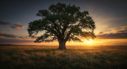 Obraz premium Majestic Solitary Tree Silhouetted Against Vibrant Sunset