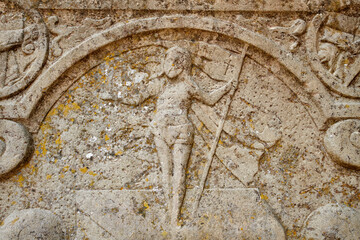 Ancient stone, art or jesus christ with engraving or carving for historical monument of...
