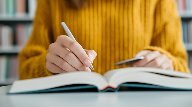 Student studying alone in a quiet library focused on open textbook academic environment close-up view education concept