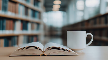 Naklejka premium Quiet study corner in library with open book and coffee mug tranquil environment academic focus inviting workspace