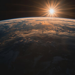 Sunrise Earth: Golden rays illuminate a cloud-covered planet from space