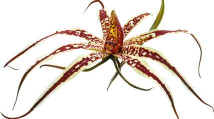 Orchid's intricate beauty: the unique flower with its elongated petals stretches out, revealing the exquisite patterns and vibrant colors.