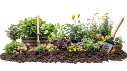 Garden Bounty: A vibrant display of garden essentials, featuring lush plants, blossoming flowers, gardening tools, and fresh soil.