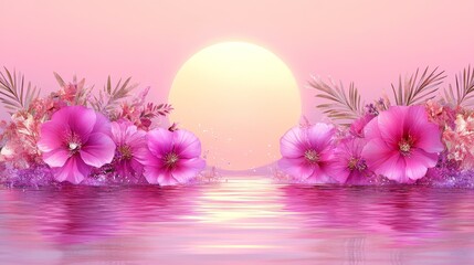 Floral water garden backdrop with soft pink hues a serene landscape promoting tranquility and harmony for digital designs