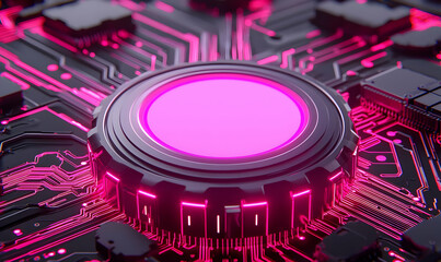 Fototapeta premium Futuristic Circuit Board with Pink Glow and Central Processor Design