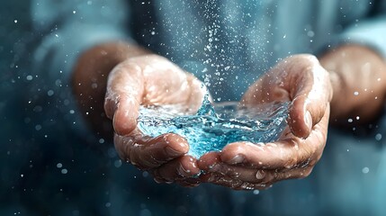 Fototapeta premium Infographic of a Hand Holding a Shining Blue Water Drop Symbolizing the Importance of Water Conservation and Sustainable Resource Management for a Greener Future