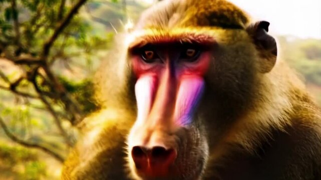 A close-up of a baboon with brown fur and a colorful face, showcasing its eyes, nose, and hair, captured in a wildlife park or safari setting