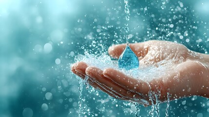 Infographic Depicting a Hand Holding a Shimmering Blue Water Drop Symbolizing the Importance of Water Conservation and Sustainable Resource Management for a Healthy Environment