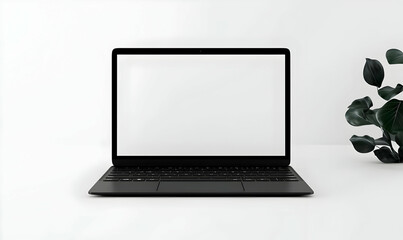 Minimalist Laptop Mockup on White Background with Plant Decoration