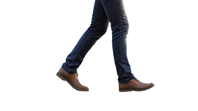 Stepping Forward: Cropped view of legs in denim jeans and brown shoes, a person takes a step. Capturing a moment of movement and style