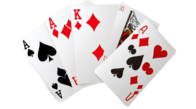 Poker Hand with High Cards: A close-up shot of a poker hand, showcasing five playing cards featuring high value cards like Aces and Kings, against a minimalist backdrop.