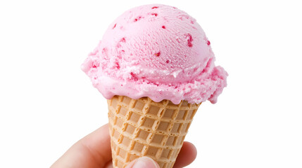Hand Holding Cone with Pink Strawberry Ice Cream Scoop