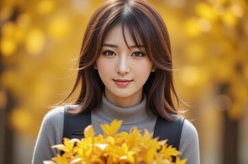 Naklejka premium Autumn Portrait of a Smiling Asian Woman Holding Yellow Leaves Bouquet in Park. Serene Girl, Fall Colors.
