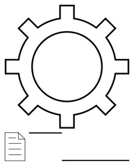 Gear symbolizing processes, document representing data, and lines suggesting connectivity and organization. Ideal for automation, workflow, tech systems, strategy, innovation, business abstract line