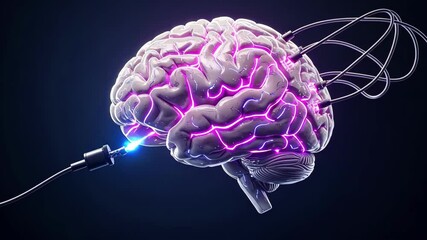 A futuristic brain connected with glowing wires symbolizes technology and intelligence, showcasing digital art and innovation.