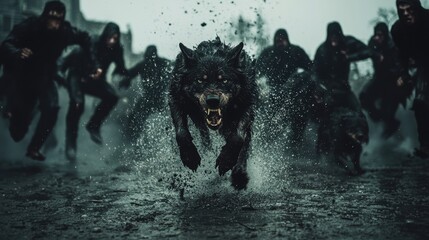A pack of wolves running through a rain-soaked street, pursued by a group of zombie-like people.