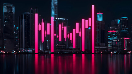 Vibrant Stock Market Candlestick Chart Over City Skyline at Night