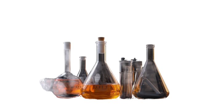 Scientific Glassware Array: A collection of scientific flasks and vials, each containing a vibrant liquid, is artfully arranged, hinting at the mysteries of scientific discovery and exploration.