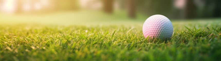 Fototapeta premium Closeup a white golf ball on green golf course with sunlight. AI generated image
