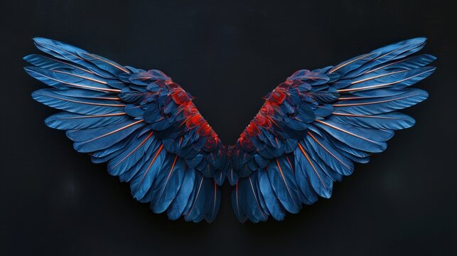 A wing of a bird with blue feathers and red tips