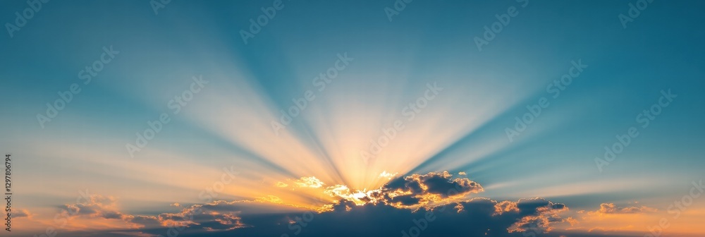 Aufkleber Golden rays of sunlight break through the clouds at sunset over a tranquil horizon creating a serene atmosphere. Generative AI