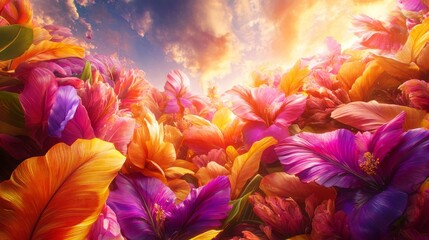 Vibrant blossom field with dynamic colors under a radiant sunlight sky a surreal dreamy floral landscape illustration