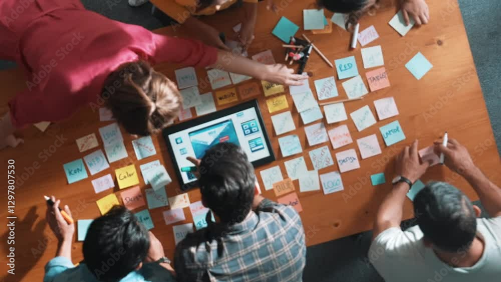 Poster top down view of programmer brainstorming and planning about web design while looking at tablet wire