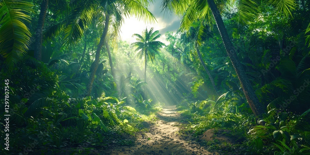 Poster Path through a jungle with a palm tree in the foreground