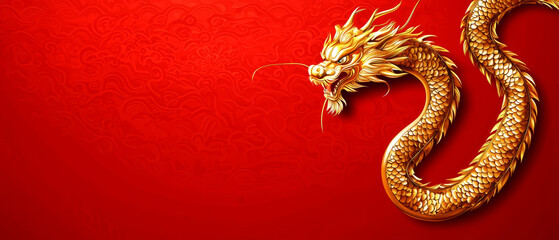Fototapeta premium Golden dragon coiled on red, ornate background