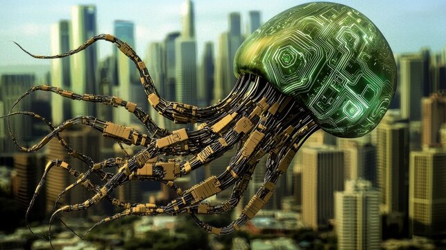 A green and yellow robot with a circuit board on its head.