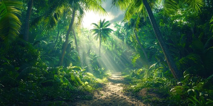 Fototapeta Path through a jungle with a palm tree in the foreground