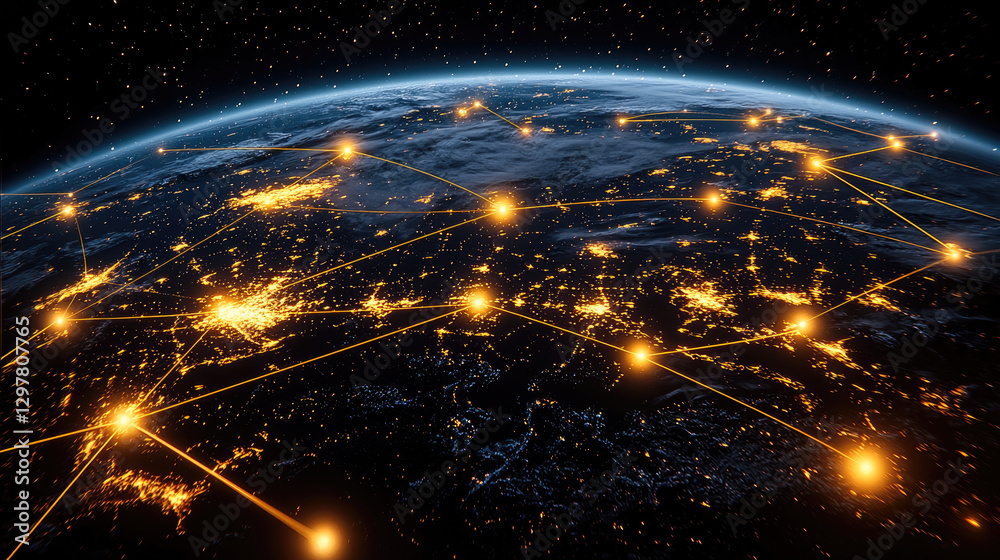 Poster stunning view of earth from space, showcasing illuminated cities connected by glowing lines, symboli