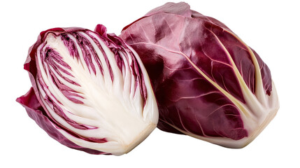 Obraz premium Radicchio: Showcasing two fresh heads of radicchio, the vibrant red and white leaves creating a visually appealing contrast.