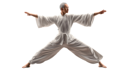 Harmonious Pose: An elderly gentleman, gracefully demonstrating a martial art form, is bathed in natural light, creating a serene ambiance of inner peace and focus.