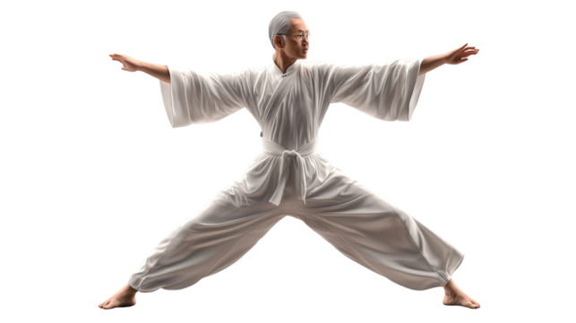 Harmonious Pose: An elderly gentleman, gracefully demonstrating a martial art form, is bathed in natural light, creating a serene ambiance of inner peace and focus.