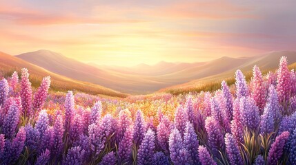 Obraz premium Dreamy Lavender Fields at Golden Hour Artistic Landscape Tranquil and Serene Rural Beauty Scenic Vista Nature Escape Harmony Calm