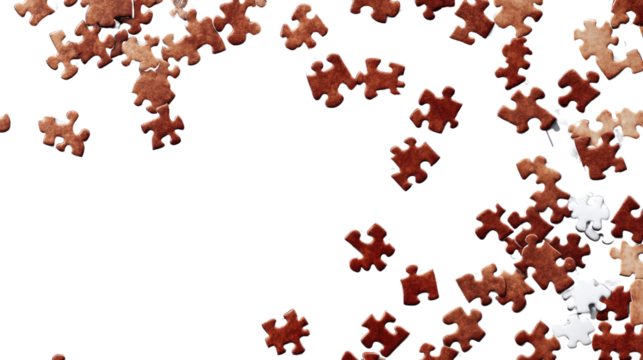 Unraveling the Puzzle: Scattered puzzle pieces symbolize complexity and problem-solving, offering a visual representation of connection and strategic thinking.