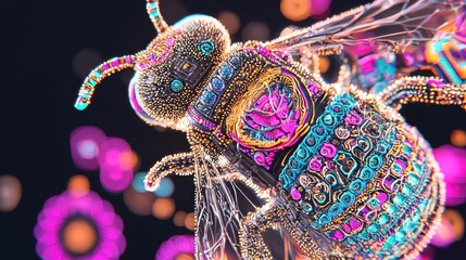 A bee with a colorful, intricate design.
