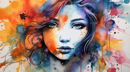 Beautiful girl watercolor illustration. Watercolor splashes art of an attractive young girl's face. Bright painting of a beautiful female face close up. Creative painting, decoration.