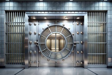 A massive steel vault door, featuring a circular viewing window and reinforced with thick metal bars, stands as a symbol of impenetrable security and ultimate protection.