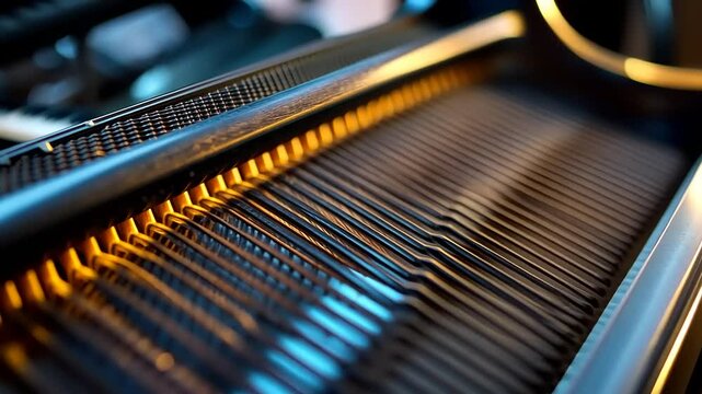 Close-up view of piano strings illuminated by soft light, showcasing intricate craftsmanship and detail