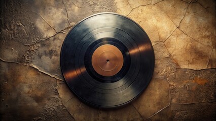 Obraz premium A vintage vinyl record rests on a textured, cracked surface, evoking a sense of nostalgia and the enduring appeal of analog music