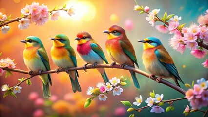 Obraz premium Vibrant Rainbow Birds Perched on a Blossom-Laden Branch in a Sunlit Garden