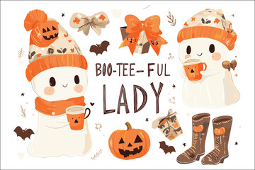 Fototapeta premium Collection of Halloween pumpkins with scary faces and autumn decorations 